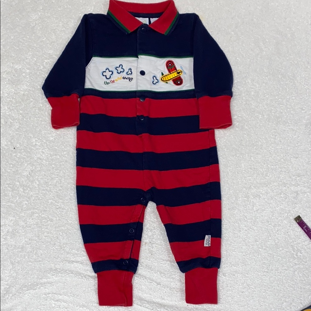 First moments striped polo romper airplane clouds cotton 6/9m